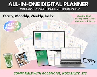 Ultimate Digital Planner Bundle | 2025 Dated + Undated | Sunday + Monday Start | 3 Bonus Sticker Packs | iPad GoodNotes PDF