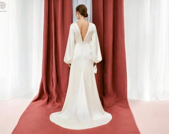 Balloon Sleeve Wedding Dress, V Neck Wedding Dress with Empire Waist, Minimalist Wedding Dress, Simple Wedding Dress, Satin Wedding Dress.