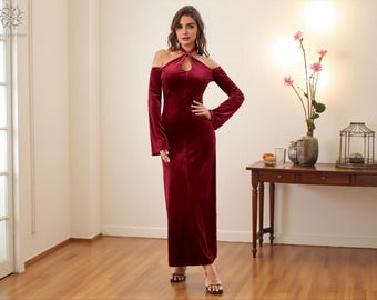 Burgundy Velvet Maxi Dress, Off-Shoulder Halter Neck Evening Gown