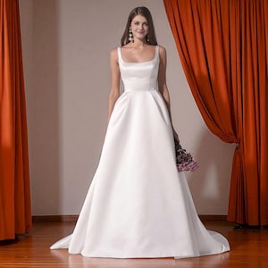 Simple Square Neck Satin Wedding Dress, Elegant A Line Wedding Dress with Chapel Train, Modern Thick Straps Wedding Dress with Button Back.