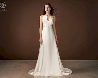 Minimalist Satin V-Neck Wedding Dress: A-Line Bridal Gown