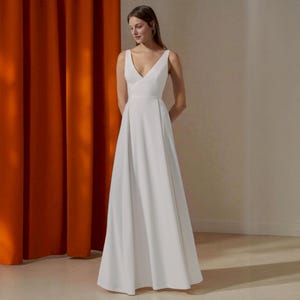 Minimalist Crepe Wedding Dress: Elegant Open Back Chapel Train Gown