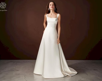 Minimalist A-Line Wedding Dress: Ivory Satin, Open Bow Back
