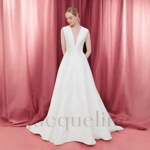 Minimalist Wedding Dress, Open Back Wedding Dress, Simple Wedding Dress with V Neck, Sleeveless Wedding Dress, Modest Wedding Dress