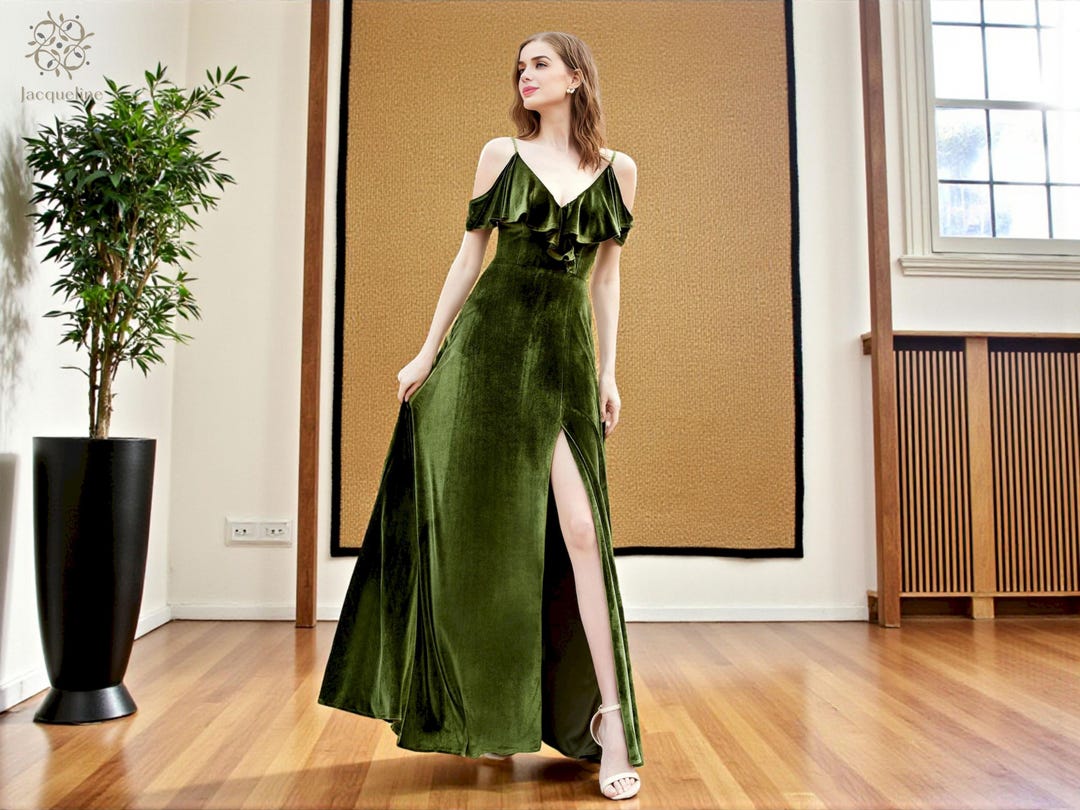 dark green velvet off the shoulder dress Olive Off-Shoulder Gown, Ruffle V-Neck formal elegant emerald green dress Wedding Dresses With A Sold Out On 2026-06-04 * Weddings color:Peacock