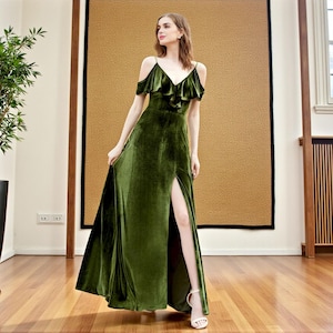 etsy green velvet dress Olive Green Velvet Maxi Dress
