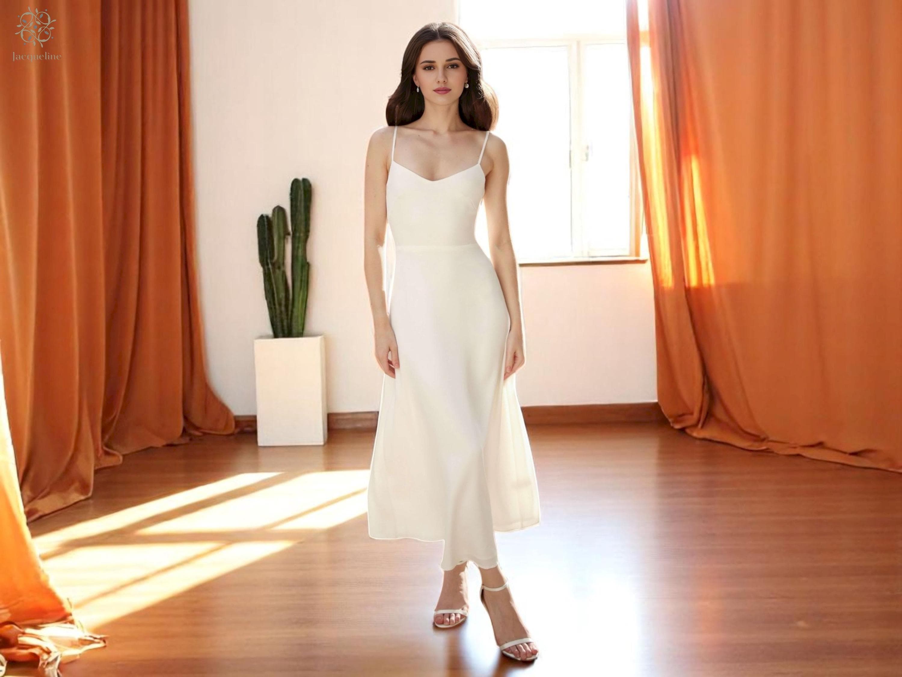 Open Back Midi Wedding Dress: Modern Simple Reception Gown