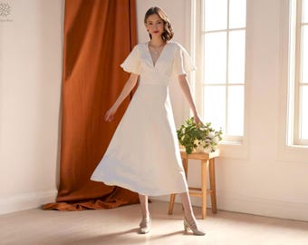 Midi Wedding Dress: Minimalist Open Back Empire Waist