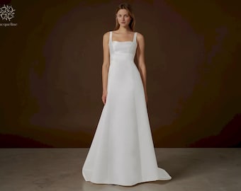 Minimalist Satin A-Line Wedding Dress: Modern Square Neck, Bow Back