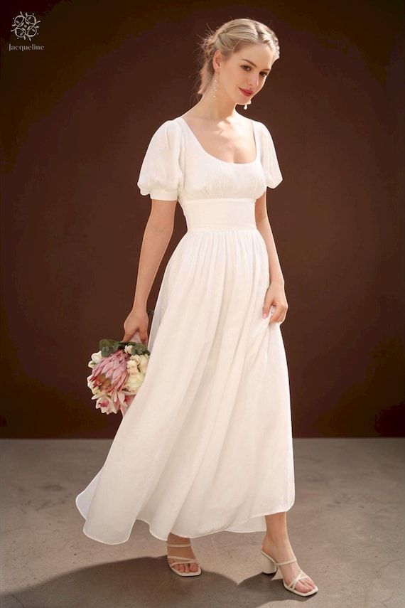 Midi Wedding Dress: Scoop Neck, Simple Elegant Reception Gown