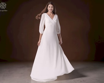 Boho Chiffon V-Neck Wedding Dress: Elegant A-Line, Open Back