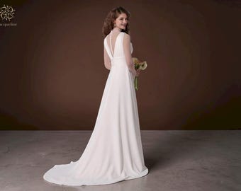 Vestido de novia de manga de voile transparente: vestido moderno de crepé con escote en V