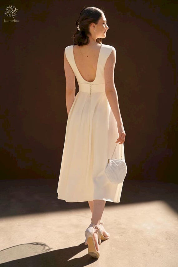Midi Wedding Dress: Simple Open Back Summer Reception Dress