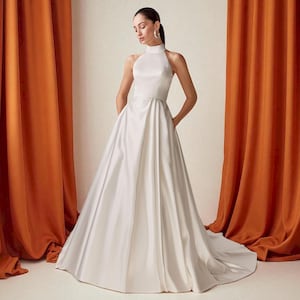 Minimalist Satin Halter Wedding Gown: Open Back Chapel Train