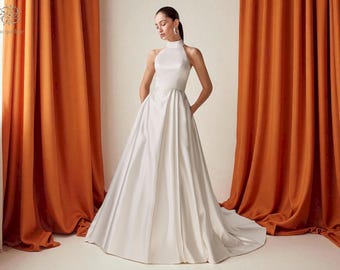 Minimalist Satin Halter Wedding Gown: Open Back Chapel Train