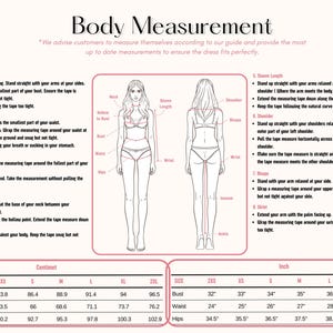 May include: A body measurement chart with instructions and a diagram of a woman. The chart includes measurements for bust, waist, and hips in both centimeters and inches. The chart is titled 'Body Measurement' and includes the text 'We advise customers to measure themselves according to our guide and provide the most up to date measurements to ensure the dress fits perfectly.'