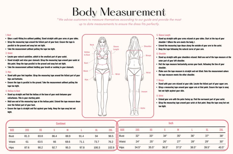 May include: A body measurement chart with instructions and a diagram of a woman. The chart includes measurements for bust, waist, and hips in both centimeters and inches. The chart is titled 'Body Measurement' and includes the text 'We advise customers to measure themselves according to our guide and provide the most up to date measurements to ensure the dress fits perfectly.'
