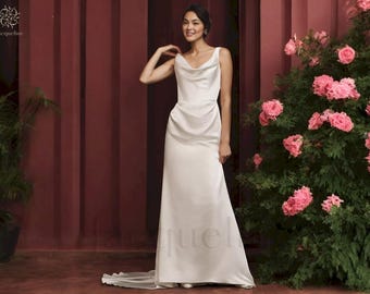Sleeveless Scoop Neckline Dress, Open Back Maxi Dress, Simple Satin Wedding Dress, Minimalist Wedding Dress, Modern Wedding Dress