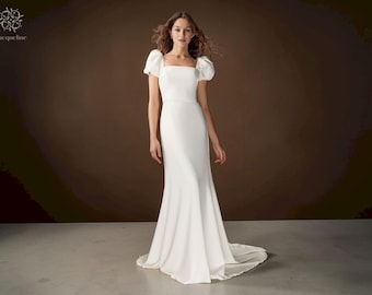 Elegant Puff Sleeve Mermaid Wedding Dress, Simple Open Back, Ivory Bridal