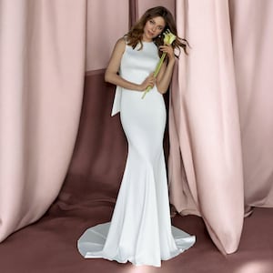 Modern Wedding Dress with Tied Back Bow, Fit and Flare Wedding Dress, Summer Wedding Dress, Minimalist Wedding Dress, Modest Wedding Dress.