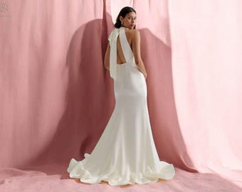 Halter Neck Satin Wedding Dress with Bow Back