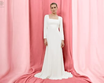 Classic Wedding Dress with Squared Neck, Simple Long Sleeve Wedding Dress, Formal Wedding Dress, Minimalist Wedding Dress, Bridal Dress.