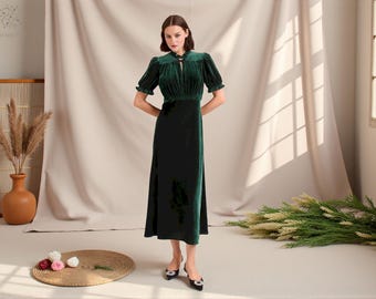 Emerald Green Velvet Midi Dress, Puff Sleeve Tie Neck