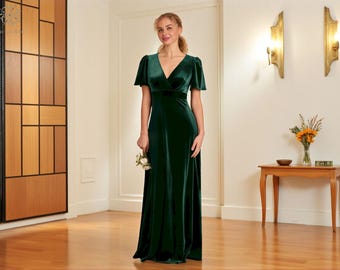 Emerald Velvet Bridesmaid Dress, V-neck Short Sleeve Maxi Gown Wedding  Guest - Etsy