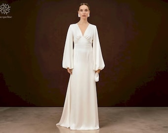 Satin Balloon Sleeve Wedding Dress: Minimalist V Neck Empire Waist