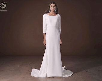 Minimalist Crepe Wedding Dress: Simple Open Back Boat Neck Gown