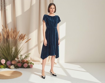 Blue Velvet Midi Dress, Asymmetric Hem Cocktail Dress