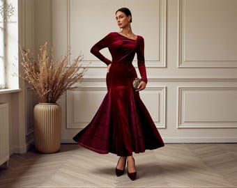 Vestido de terciopelo burdeos estilo sirena, vestido formal de manga larga con paneles de encaje y escote asimétrico, vestido para invitada de boda, vestido de Navidad, vestido de fiesta.