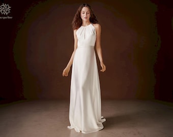 Minimalist Halter Backless Wedding Dress, Silk Satin A-Line Bridal Gown with Buttons, Simple Elegant Boho Bride.