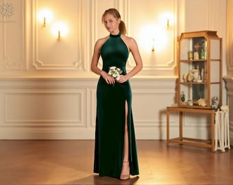 Dark Green Velvet Halter Dress, Elegant Sleeveless A-line Gown - Etsy