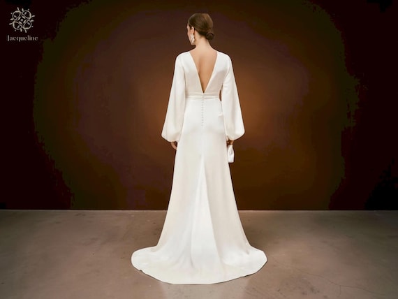 Satin Balloon Sleeve Wedding Dress: Minimalist V Neck Empire Waist