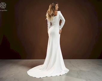 Elegant Square Neck Mermaid Wedding Dress, Simple Crepe, Chapel Train