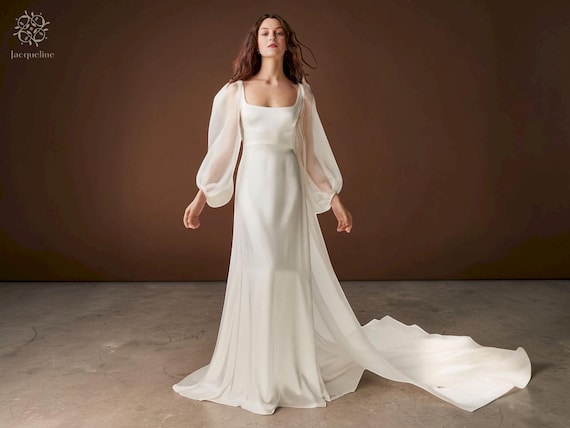 chiffon mermaid wedding dress Long Mermaid Jewel Neck Lace Tulle Chiffon Wedding Dresses