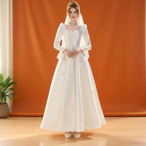 Elegant Long Sleeve Square Neck Wedding Dress, Modest A Line Bridal Gown, Simple Ivory Satin Wedding Dress, Modest Wedding Gown.