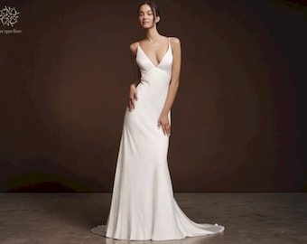 Bias Cut Satin V-Neck Wedding Dress: Sleeveless Scoop Back Gown