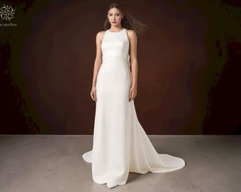 Minimalistisches Satin Brautkleid: Modernes Elfenbeinkleid mit Schleife Rücken