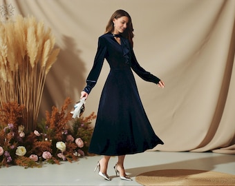 Elegant Velvet Midi Dress, Ruffle Trim, Formal V Neck