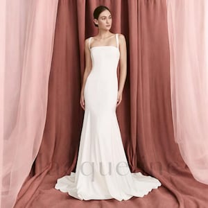 Minimalist Wedding Dress, Fit and Flare Wedding Dress, Simple Wedding Dress with Open Back and Long Train, Modest Wedding Dress, White Dress