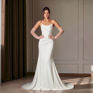 Strapless Ruched Mermaid Wedding Dress, Draped Bodice, Minimalist Elopement Gown