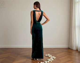 Sage Green Velvet Maxi Dress  Halter Cowl Neck, Cross Back - Etsy