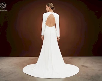 Open Back Long Sleeve Wedding Dress: Minimalist Bridal Gown