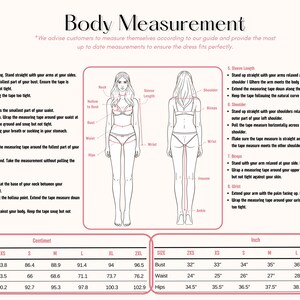 May include: Diagram showing body measurement instructions for clothing. Features front and back views of a figure, with labels for bust, waist, and hips. Measurement charts in centimetres and inches are also included for accurate sizing.