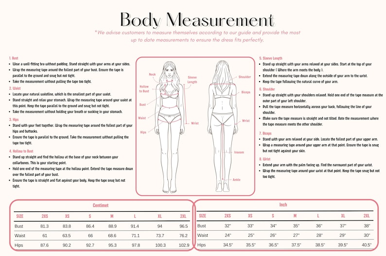 May include: Diagram showing body measurement instructions for clothing. Features front and back views of a figure, with labels for bust, waist, and hips. Measurement charts in centimetres and inches are also included for accurate sizing.