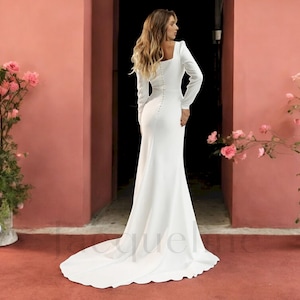 Elegant Square Neck Long Sleeve Mermaid Wedding Dress with Chapel Train, Minimalist Crepe Wedding Dress, Simple Open Back Wedding Dress.
