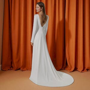 Elegant Crepe Wedding Dress: Simple Long Sleeve, Open Back