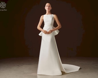 Abito da sposa semplice ed elegante con scollo a barca e fiocco posteriore staccabile, abito da sposa minimalista in raso senza maniche, abito da sposa moderno.